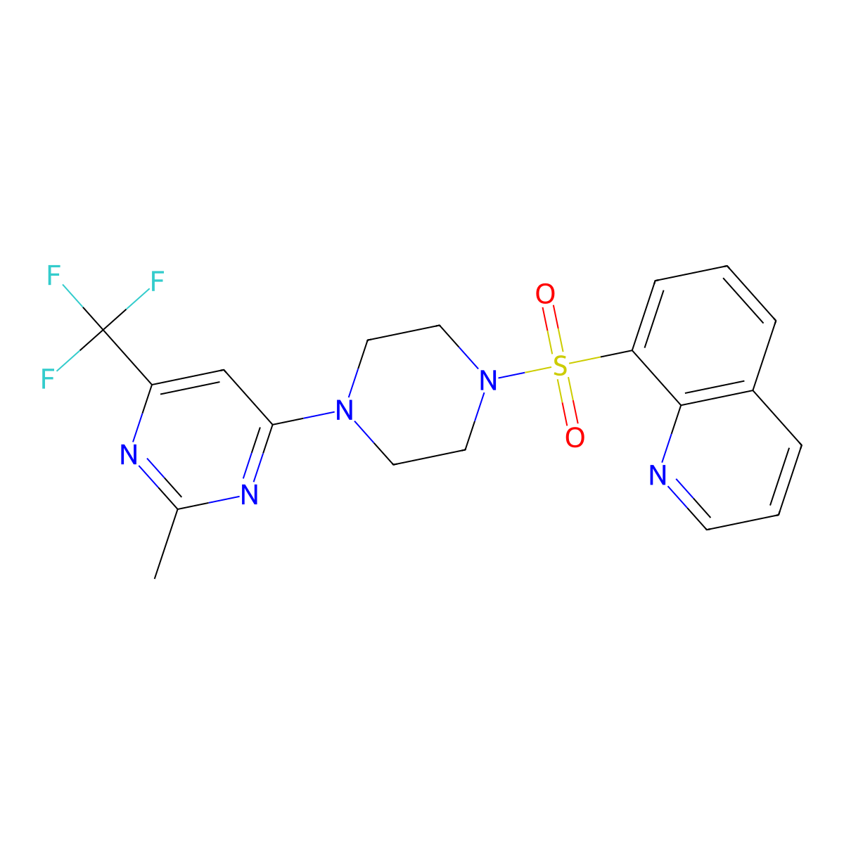 8-({4-[2-Methyl-6-(trifluoromethyl)pyrimidin-4-yl]piperazin-1-yl}sulfonyl)quinoline molecular structure, CAS 2097925-07-8