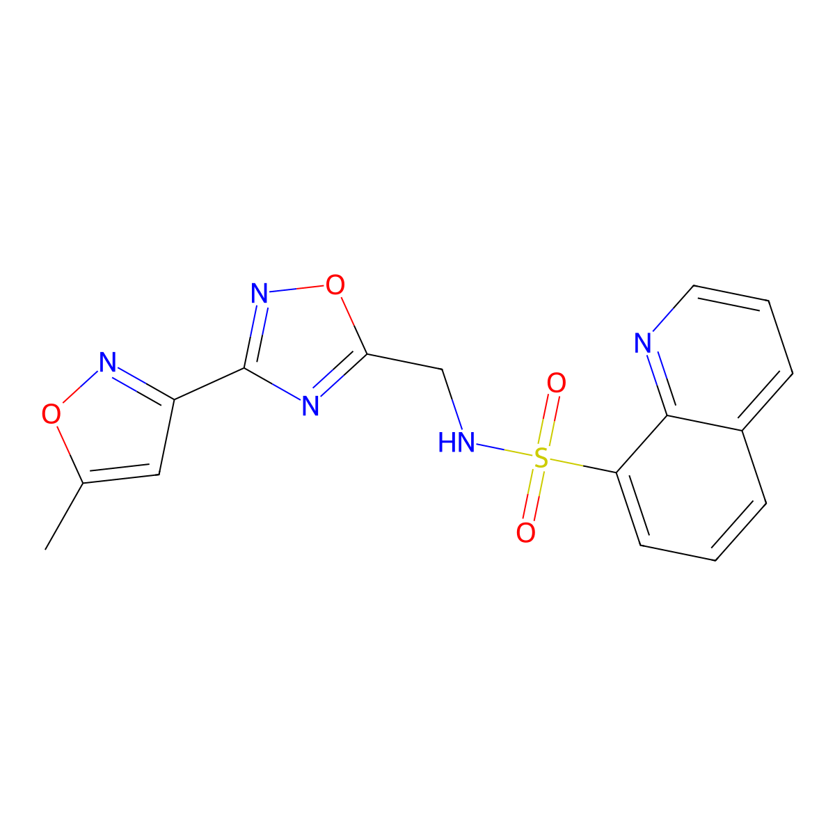N-{[3-(5-methyl-1,2-oxazol-3-yl)-1,2,4-oxadiazol-5-yl]methyl}quinoline-8-sulfonamide molecular structure, CAS 2097925-11-4