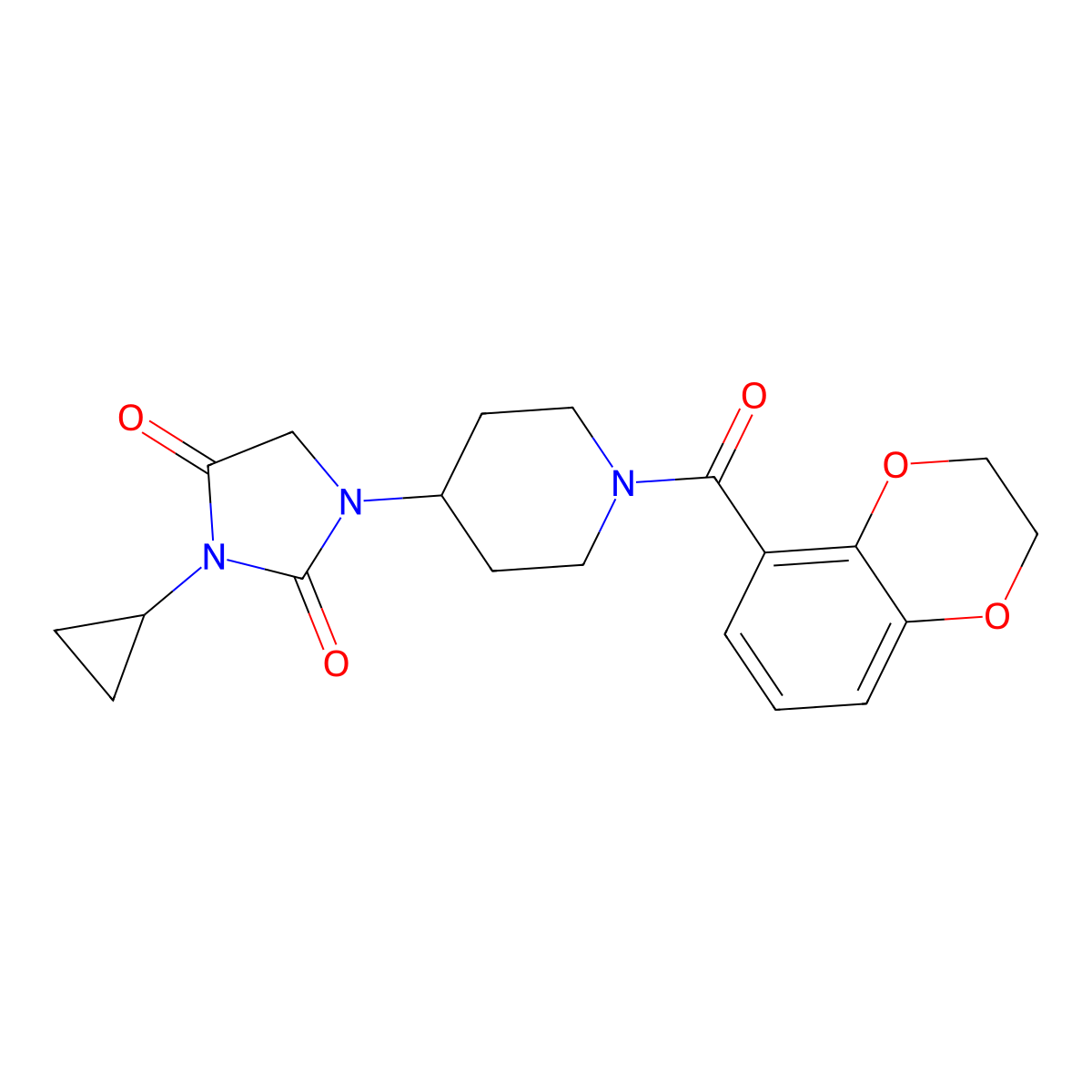 3-Cyclopropyl-1-[1-(2,3-dihydro-1,4-benzodioxine-5-carbonyl)piperidin-4-yl]imidazolidine-2,4-dione molecular structure, CAS 2097925-17-0