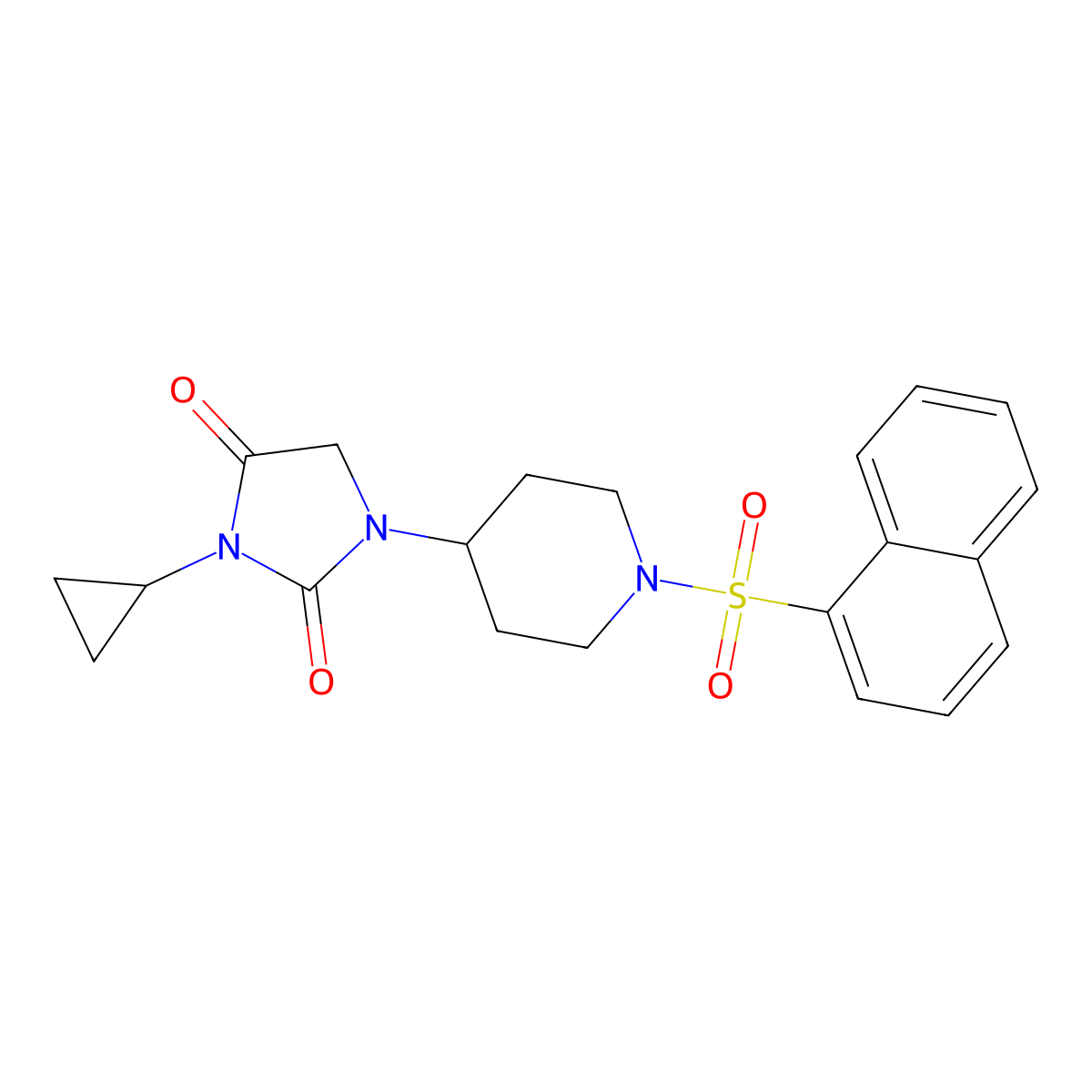 3-Cyclopropyl-1-[1-(naphthalene-1-sulfonyl)piperidin-4-yl]imidazolidine-2,4-dione molecular structure, CAS 2097925-25-0
