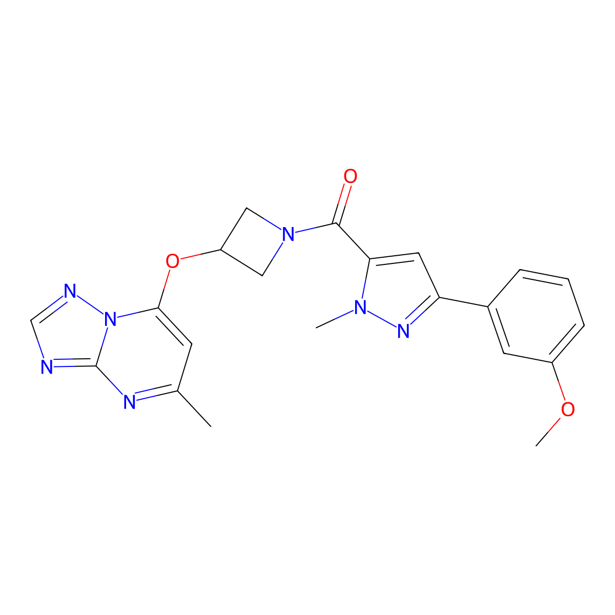 3-(3-methoxyphenyl)-1-methyl-5-[3-({5-methyl-[1,2,4]triazolo[1,5-a]pyrimidin-7-yl}oxy)azetidine-1-carbonyl]-1H-pyrazole molecular structure, CAS 2097925-29-4