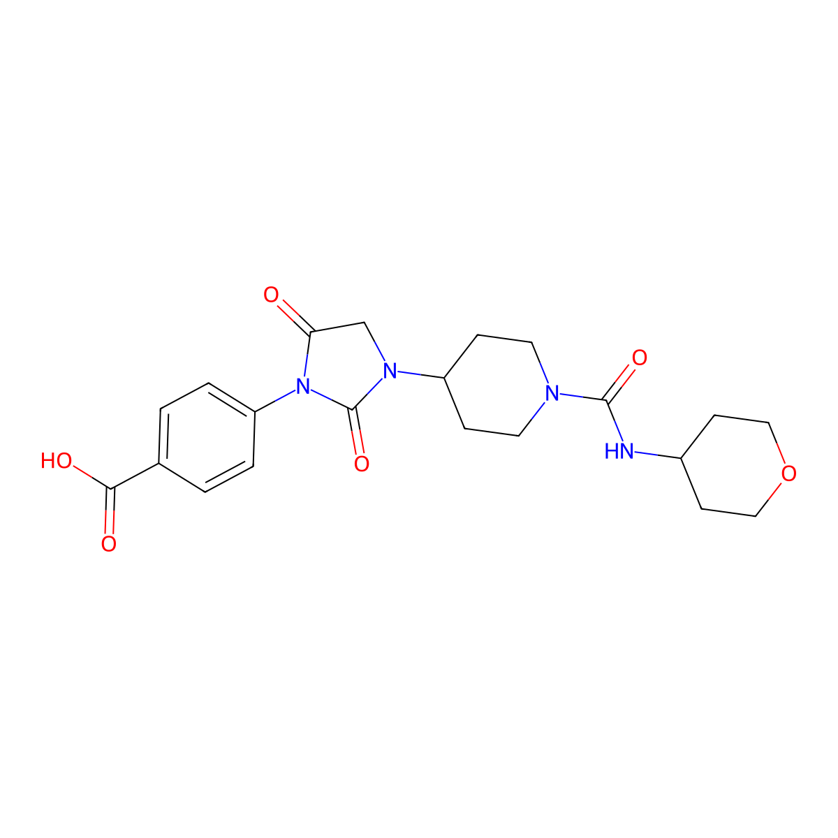 4-(3-{1-[(Oxan-4-yl)carbamoyl]piperidin-4-yl}-2,5-dioxoimidazolidin-1-yl)benzoic acid molecular structure, CAS 2097925-33-0