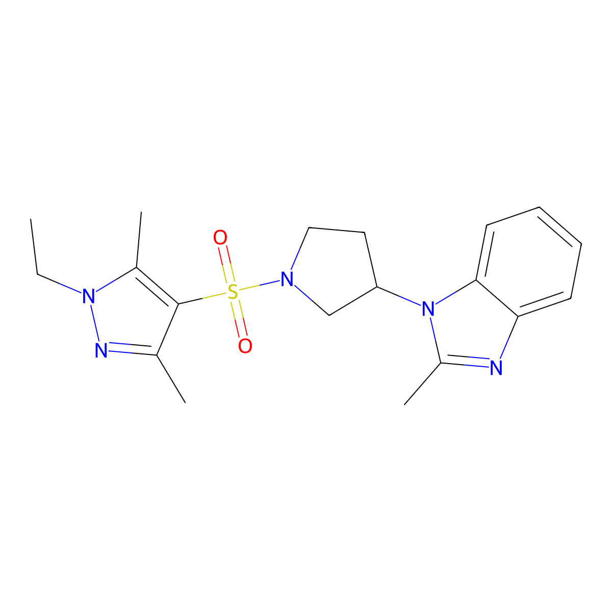 1-(1-((1-ethyl-3,5-dimethyl-1H-pyrazol-4-yl)sulfonyl)pyrrolidin-3-yl)-2-methyl-1H-benzo[d]imidazole molecular structure, CAS 2097925-37-4