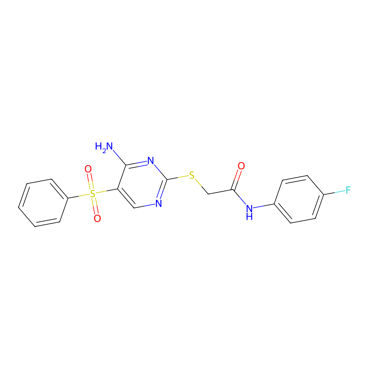 2-{[4-amino-5-(benzenesulfonyl)pyrimidin-2-yl]sulfanyl}-N-(4-fluorophenyl)acetamide molecular structure, CAS 2097925-38-5