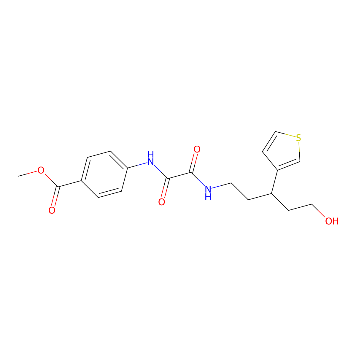 Methyl 4-({[5-hydroxy-3-(thiophen-3-yl)pentyl]carbamoyl}formamido)benzoate molecular structure, CAS 2097925-50-1