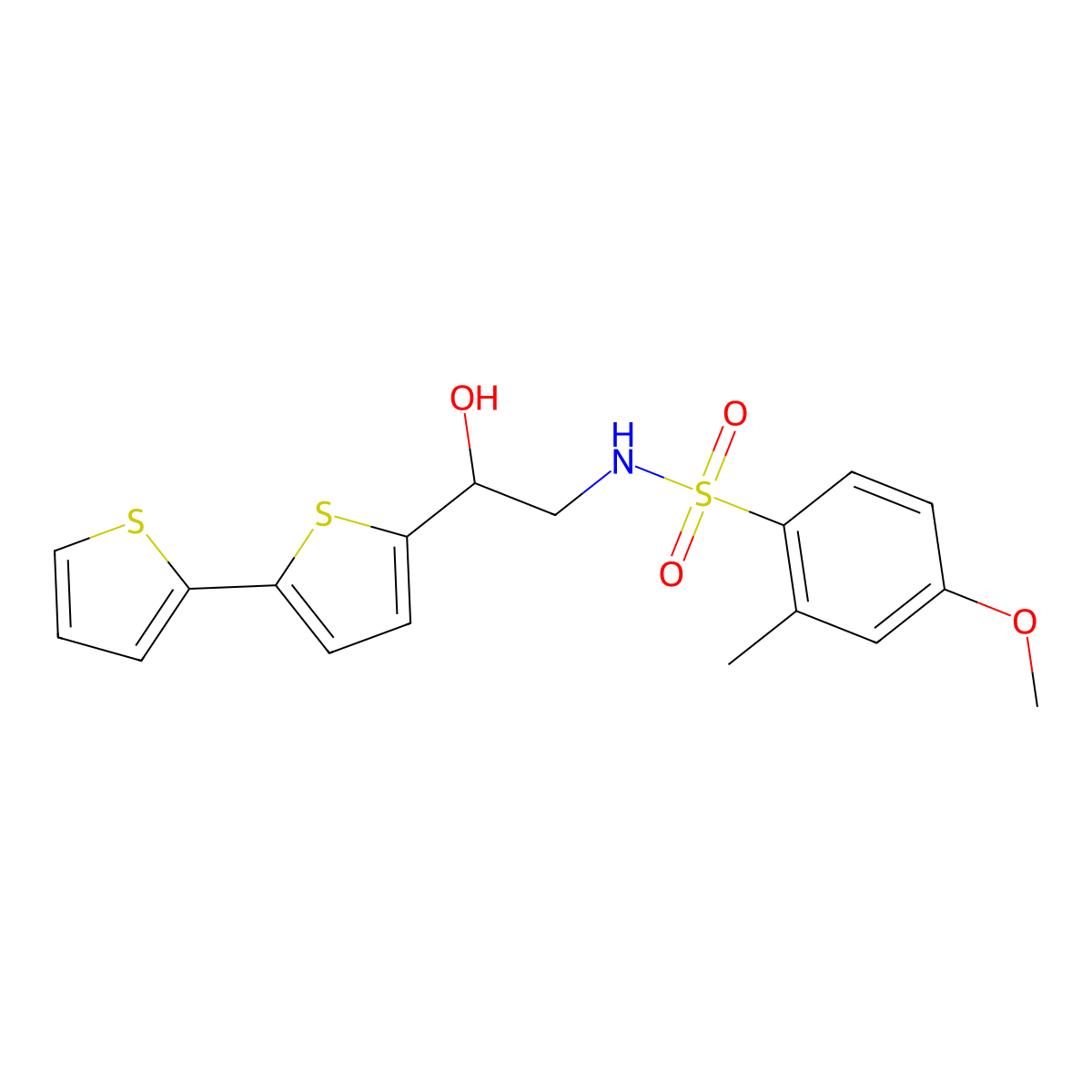 N-(2-{[2,2'-bithiophene]-5-yl}-2-hydroxyethyl)-4-methoxy-2-methylbenzene-1-sulfonamide molecular structure, CAS 2097925-51-2