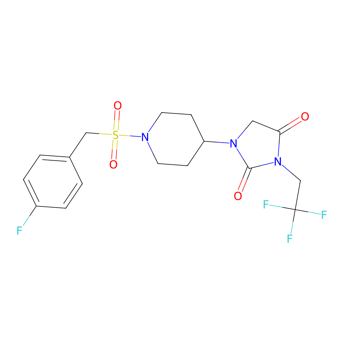 1-{1-[(4-Fluorophenyl)methanesulfonyl]piperidin-4-yl}-3-(2,2,2-trifluoroethyl)imidazolidine-2,4-dione molecular structure, CAS 2097925-63-6