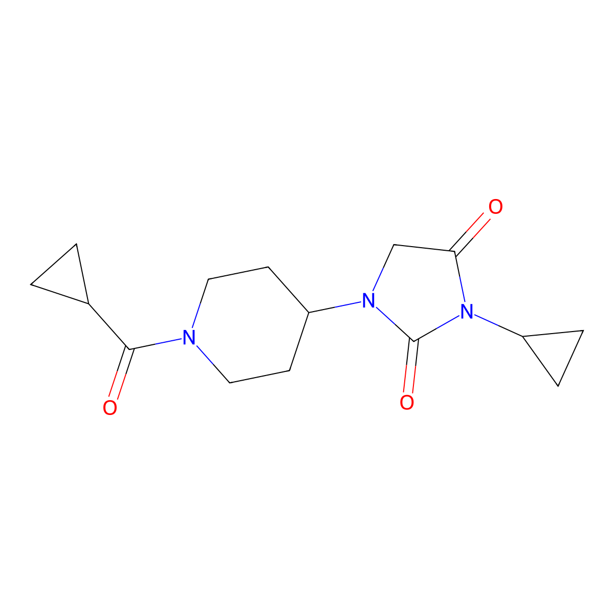 1-(1-Cyclopropanecarbonylpiperidin-4-yl)-3-cyclopropylimidazolidine-2,4-dione molecular structure, CAS 2097925-78-3