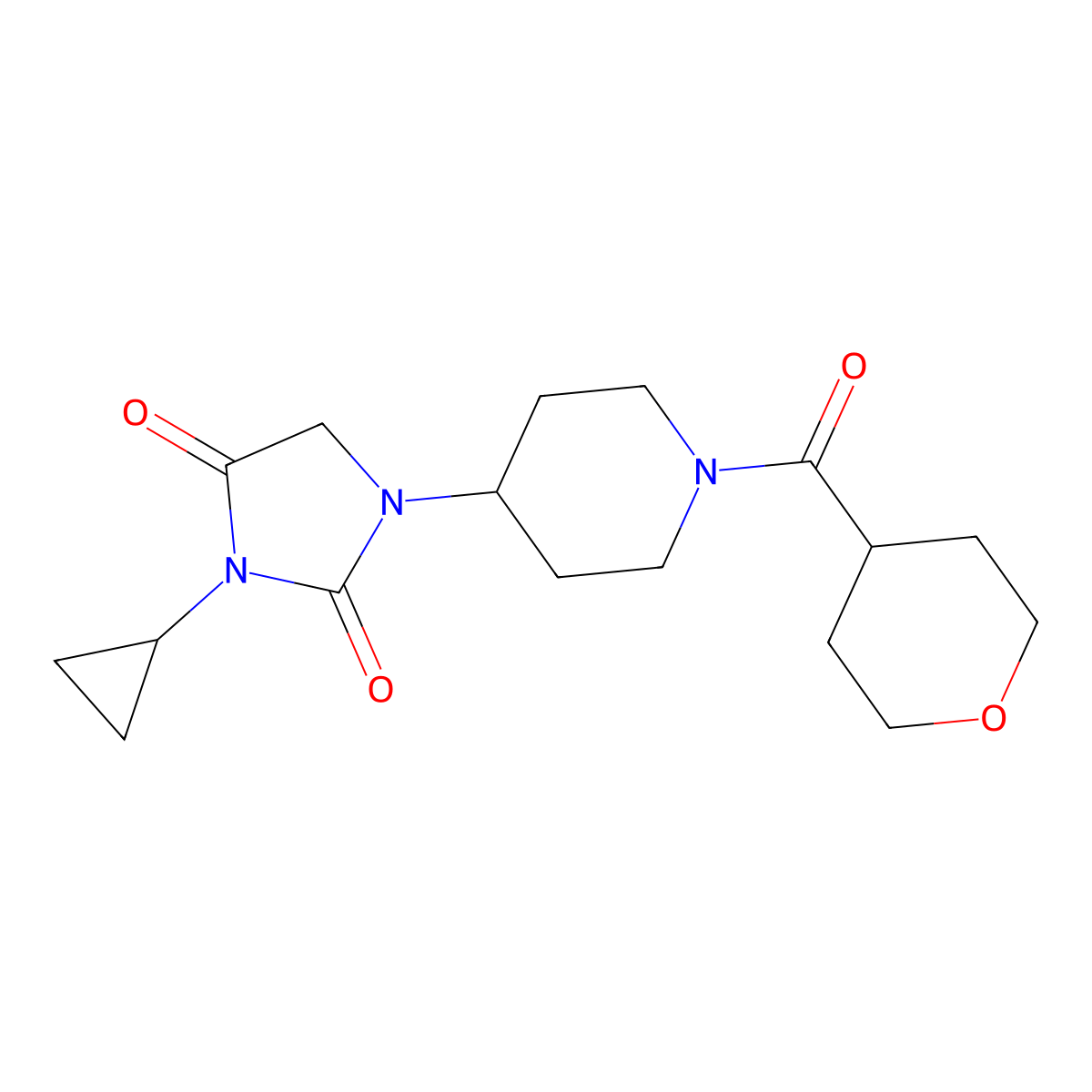3-Cyclopropyl-1-[1-(oxane-4-carbonyl)piperidin-4-yl]imidazolidine-2,4-dione molecular structure, CAS 2097925-92-1