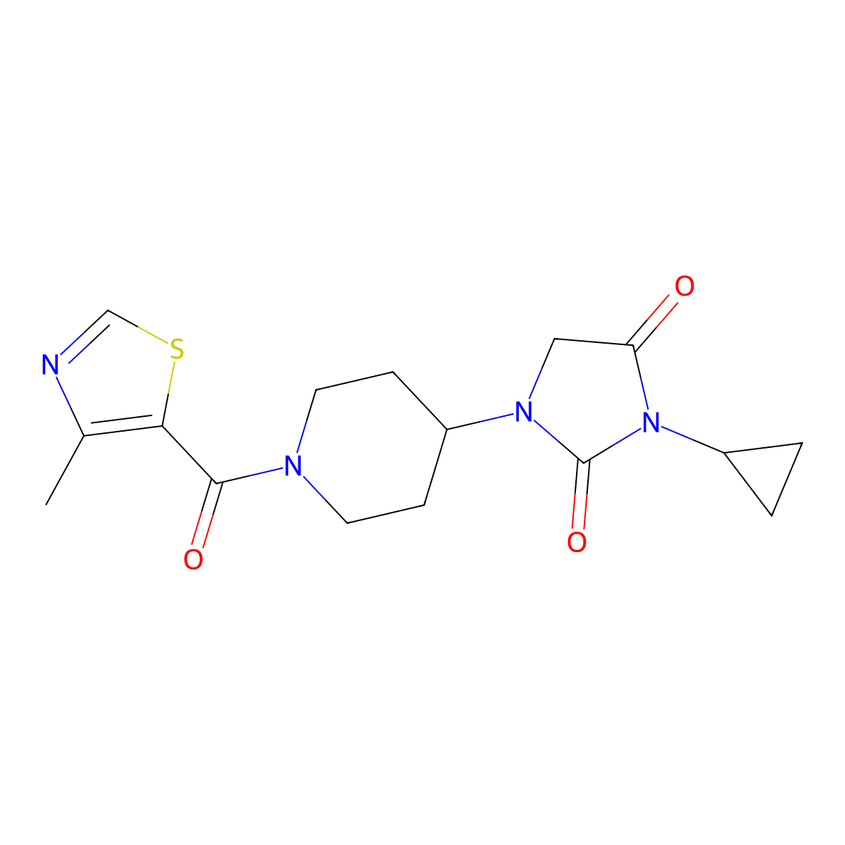 3-Cyclopropyl-1-[1-(4-methyl-1,3-thiazole-5-carbonyl)piperidin-4-yl]imidazolidine-2,4-dione molecular structure, CAS 2097926-23-1