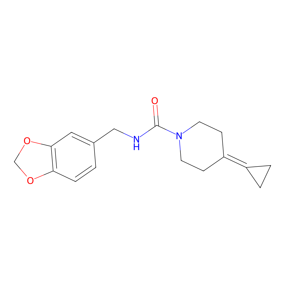 N-(benzo[d][1,3]dioxol-5-ylmethyl)-4-cyclopropylidenepiperidine-1-carboxamide molecular structure, CAS 2097926-34-4