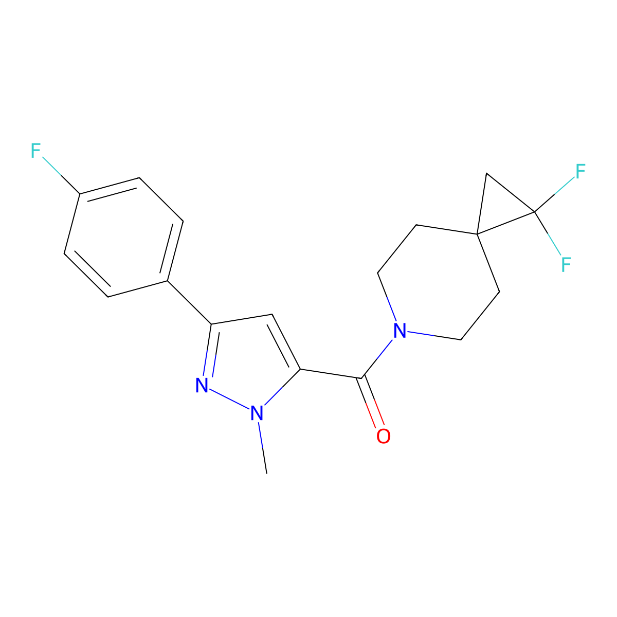 1,1-difluoro-6-[3-(4-fluorophenyl)-1-methyl-1H-pyrazole-5-carbonyl]-6-azaspiro[2.5]octane molecular structure, CAS 2097926-37-7