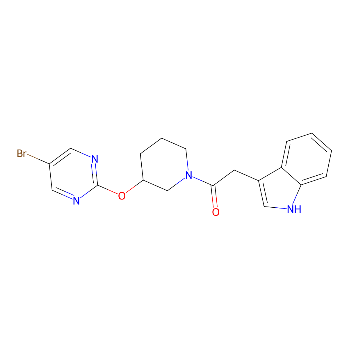 1-(3-((5-bromopyrimidin-2-yl)oxy)piperidin-1-yl)-2-(1H-indol-3-yl)ethanone molecular structure, CAS 2097926-57-1