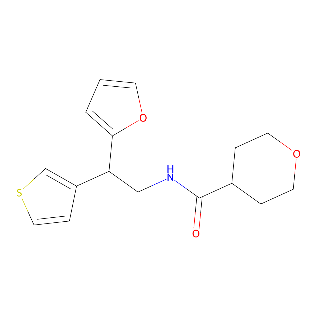 N-[2-(furan-2-yl)-2-(thiophen-3-yl)ethyl]oxane-4-carboxamide molecular structure, CAS 2097926-59-3
