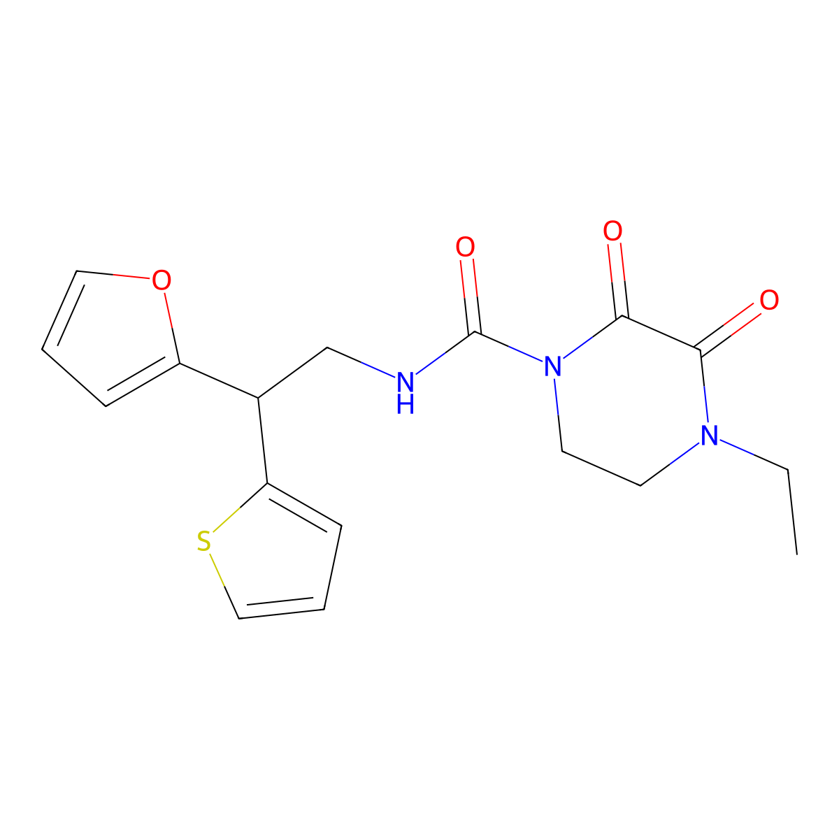 4-ethyl-N-[2-(furan-2-yl)-2-(thiophen-2-yl)ethyl]-2,3-dioxopiperazine-1-carboxamide molecular structure, CAS 2097926-68-4