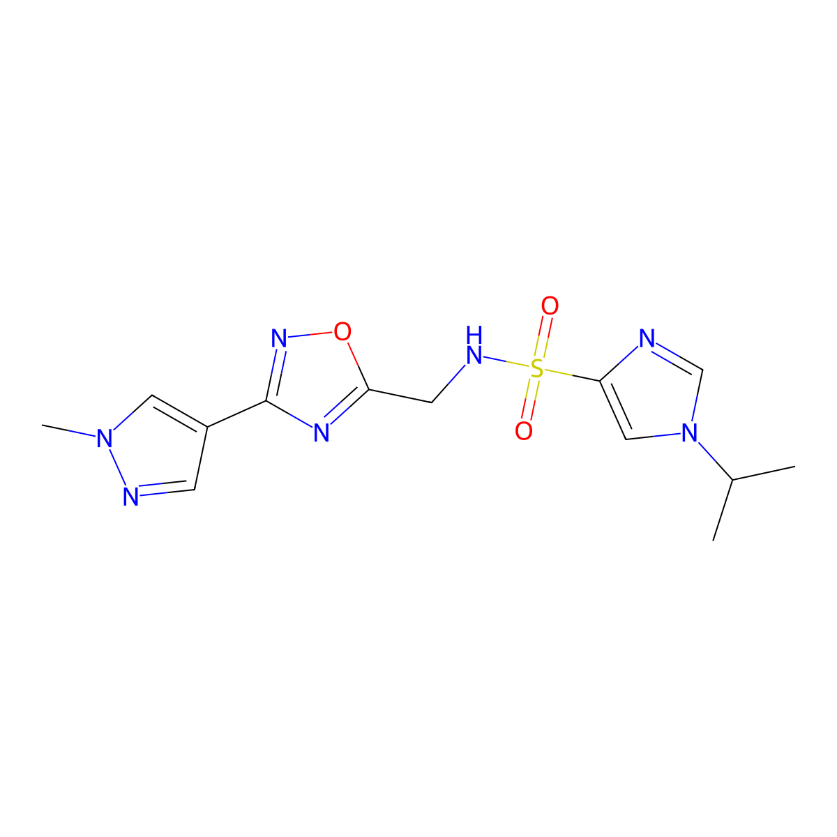 N-{[3-(1-methyl-1H-pyrazol-4-yl)-1,2,4-oxadiazol-5-yl]methyl}-1-(propan-2-yl)-1H-imidazole-4-sulfonamide molecular structure, CAS 2097926-76-4