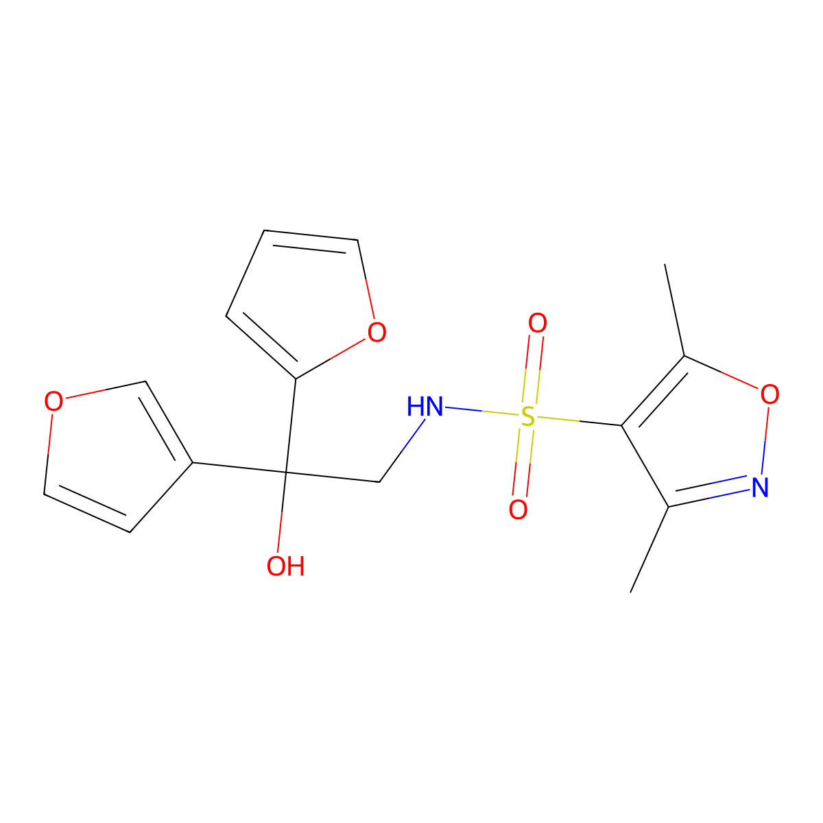 N-[2-(furan-2-yl)-2-(furan-3-yl)-2-hydroxyethyl]-3,5-dimethyl-1,2-oxazole-4-sulfonamide molecular structure, CAS 2097926-79-7