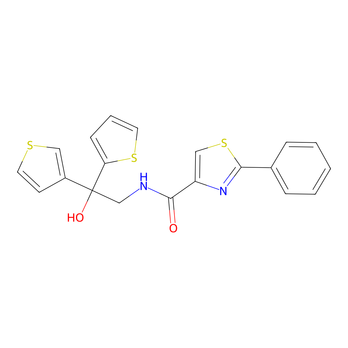 N-(2-hydroxy-2-(thiophen-2-yl)-2-(thiophen-3-yl)ethyl)-2-phenylthiazole-4-carboxamide molecular structure, CAS 2097926-84-4