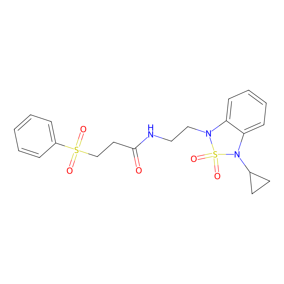 3-(benzenesulfonyl)-N-[2-(3-cyclopropyl-2,2-dioxo-1,3-dihydro-2lambda6,1,3-benzothiadiazol-1-yl)ethyl]propanamide molecular structure, CAS 2097926-87-7