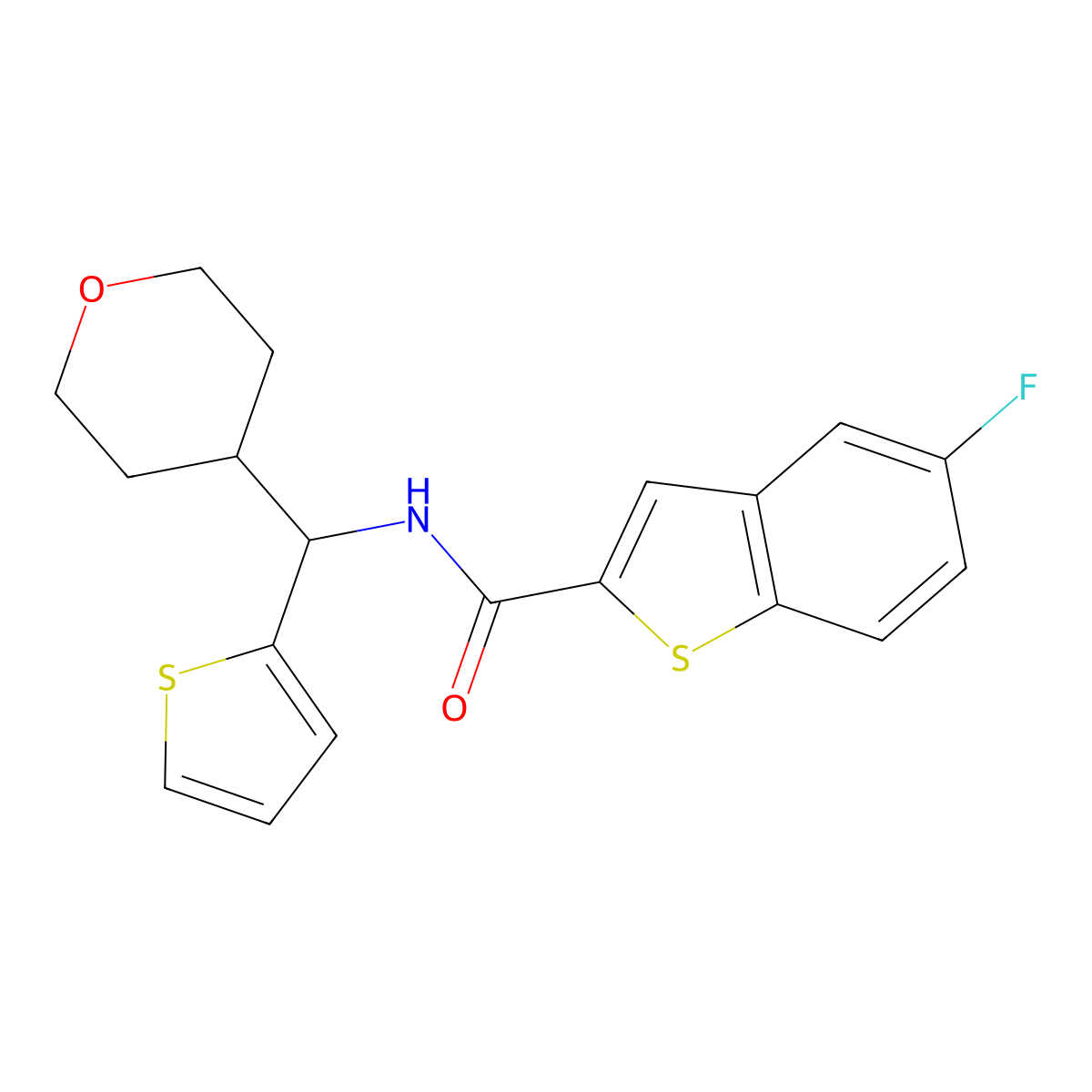 5-fluoro-N-[(oxan-4-yl)(thiophen-2-yl)methyl]-1-benzothiophene-2-carboxamide molecular structure, CAS 2097926-95-7