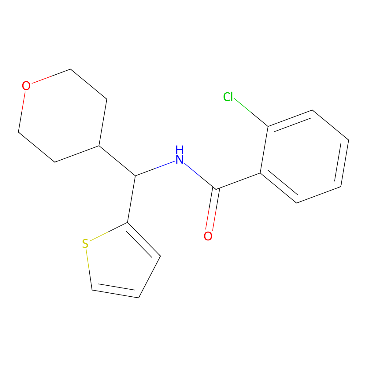 2-chloro-N-[(oxan-4-yl)(thiophen-2-yl)methyl]benzamide molecular structure, CAS 2097926-98-0