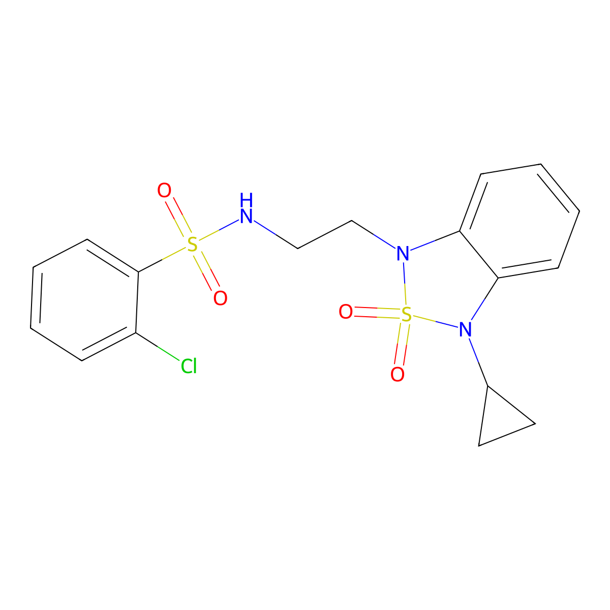 2-chloro-N-[2-(3-cyclopropyl-2,2-dioxo-1,3-dihydro-2lambda6,1,3-benzothiadiazol-1-yl)ethyl]benzene-1-sulfonamide molecular structure, CAS 2097927-07-4