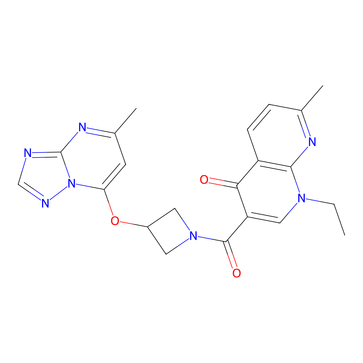 1-Ethyl-7-methyl-3-[3-({5-methyl-[1,2,4]triazolo[1,5-a]pyrimidin-7-yl}oxy)azetidine-1-carbonyl]-1,4-dihydro-1,8-naphthyridin-4-one molecular structure, CAS 2097927-08-5