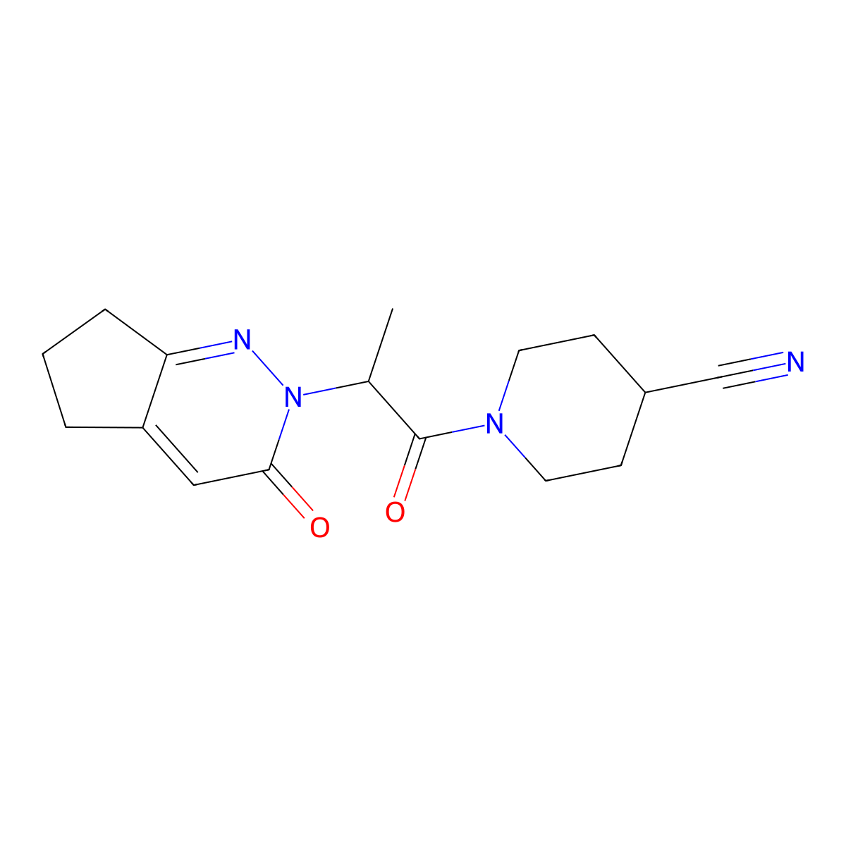1-(2-(3-oxo-3,5,6,7-tetrahydro-2H-cyclopenta[c]pyridazin-2-yl)propanoyl)piperidine-4-carbonitrile molecular structure, CAS 2097927-12-1