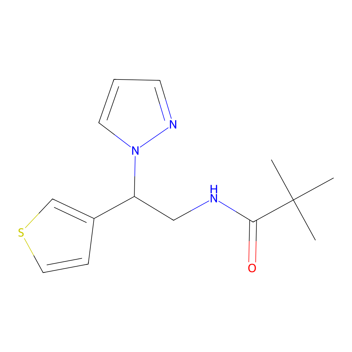 2,2-dimethyl-N-[2-(1H-pyrazol-1-yl)-2-(thiophen-3-yl)ethyl]propanamide molecular structure, CAS 2097927-13-2