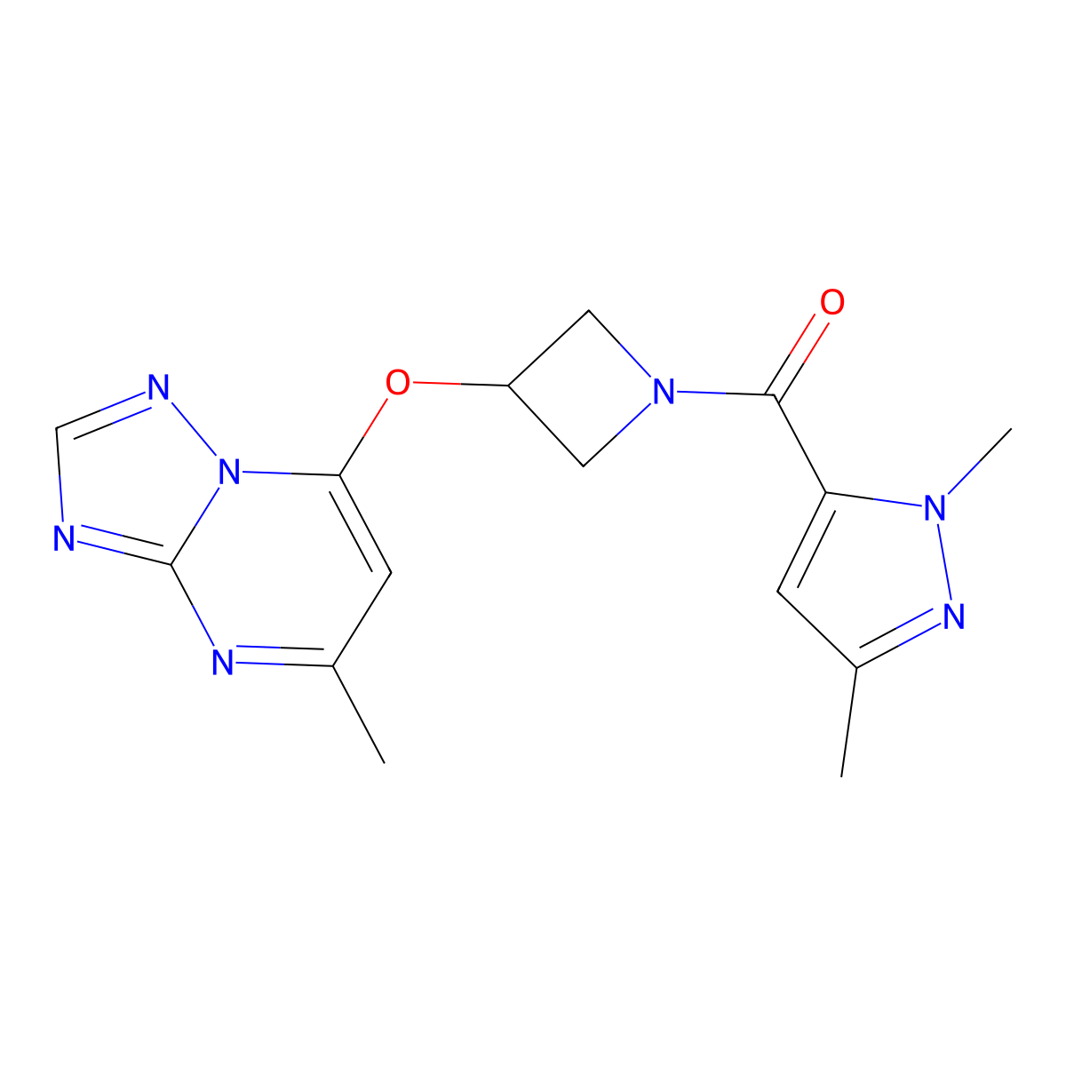 1,3-dimethyl-5-[3-({5-methyl-[1,2,4]triazolo[1,5-a]pyrimidin-7-yl}oxy)azetidine-1-carbonyl]-1H-pyrazole molecular structure, CAS 2097927-17-6