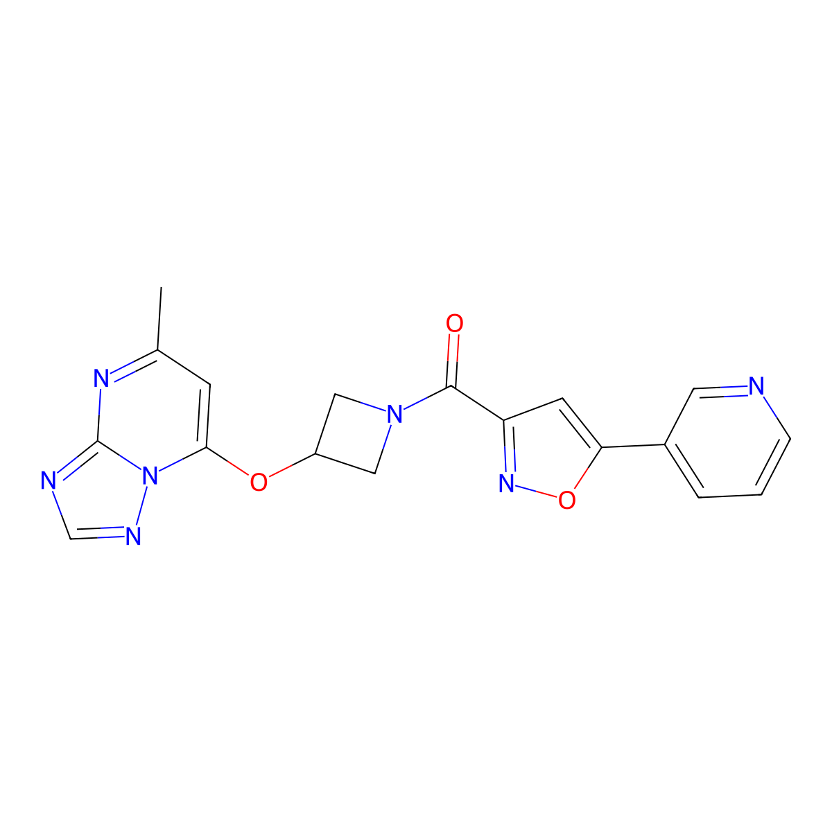 3-{3-[3-({5-Methyl-[1,2,4]triazolo[1,5-a]pyrimidin-7-yl}oxy)azetidine-1-carbonyl]-1,2-oxazol-5-yl}pyridine molecular structure, CAS 2097927-21-2