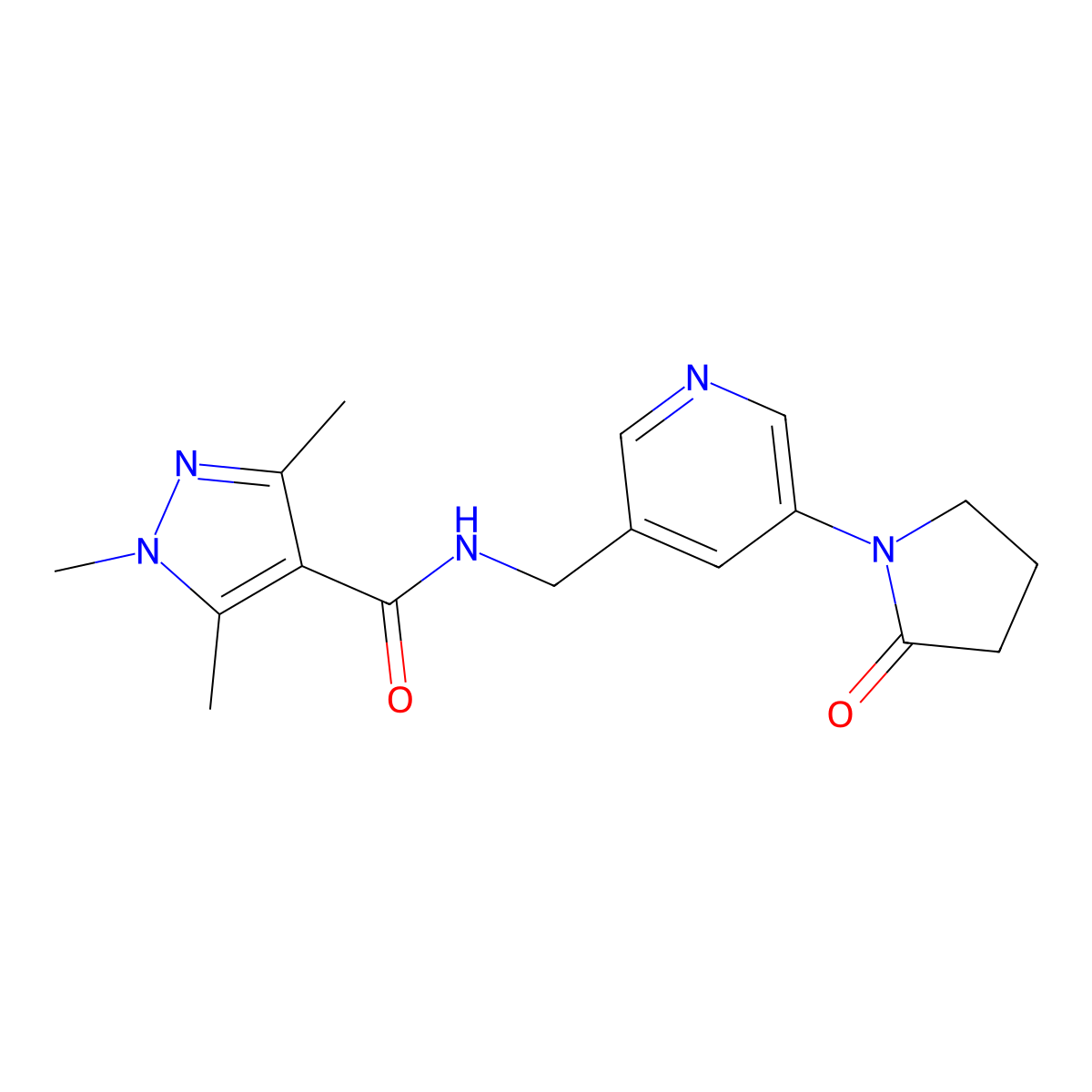 1,3,5-trimethyl-N-{[5-(2-oxopyrrolidin-1-yl)pyridin-3-yl]methyl}-1H-pyrazole-4-carboxamide molecular structure, CAS 2097927-23-4