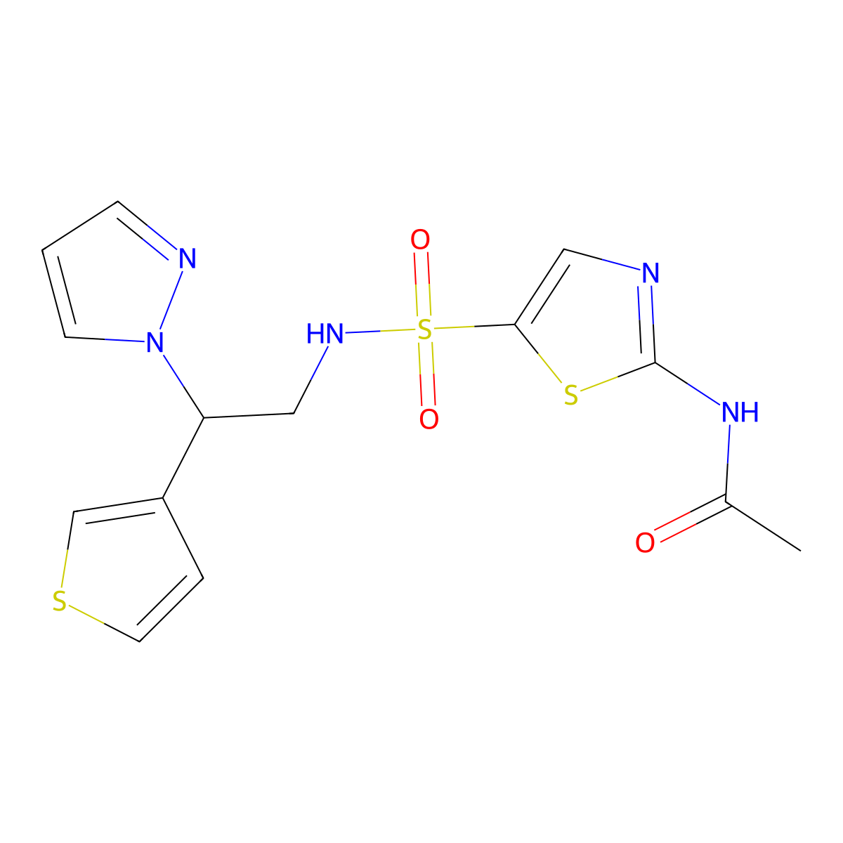 N-(5-{[2-(1H-pyrazol-1-yl)-2-(thiophen-3-yl)ethyl]sulfamoyl}-1,3-thiazol-2-yl)acetamide molecular structure, CAS 2097927-24-5