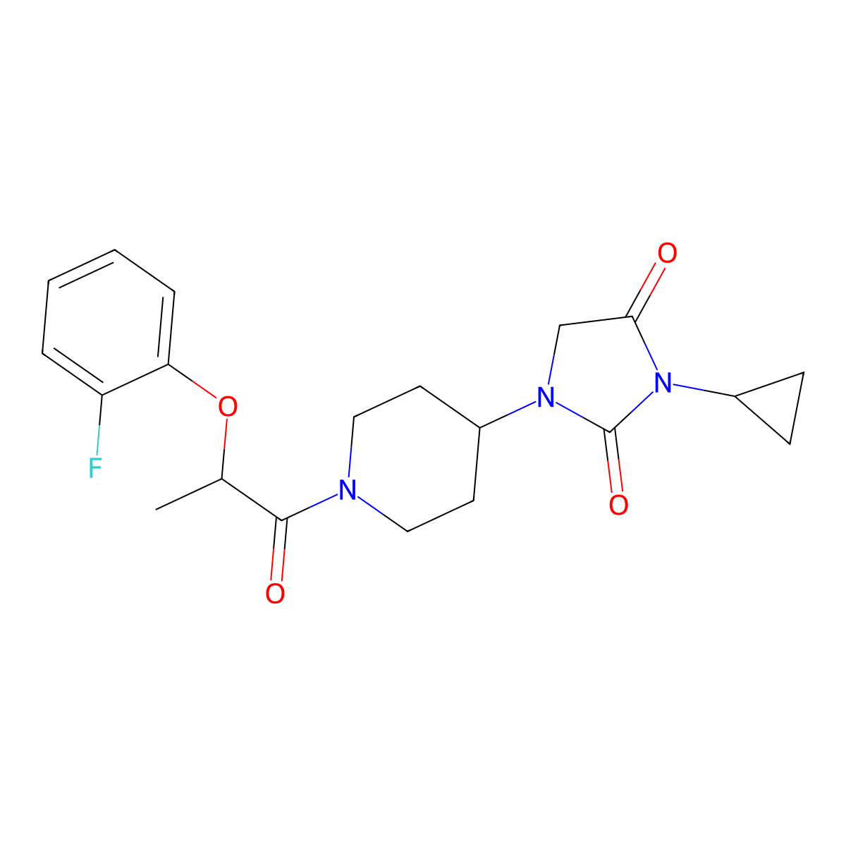 3-Cyclopropyl-1-{1-[2-(2-fluorophenoxy)propanoyl]piperidin-4-yl}imidazolidine-2,4-dione molecular structure, CAS 2097927-40-5