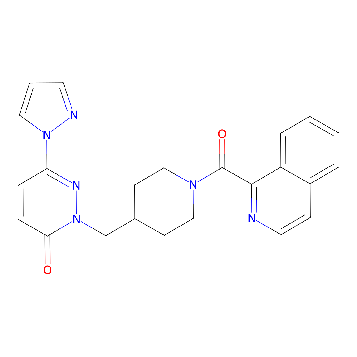 2-{[1-(isoquinoline-1-carbonyl)piperidin-4-yl]methyl}-6-(1H-pyrazol-1-yl)-2,3-dihydropyridazin-3-one molecular structure, CAS 2097928-52-2