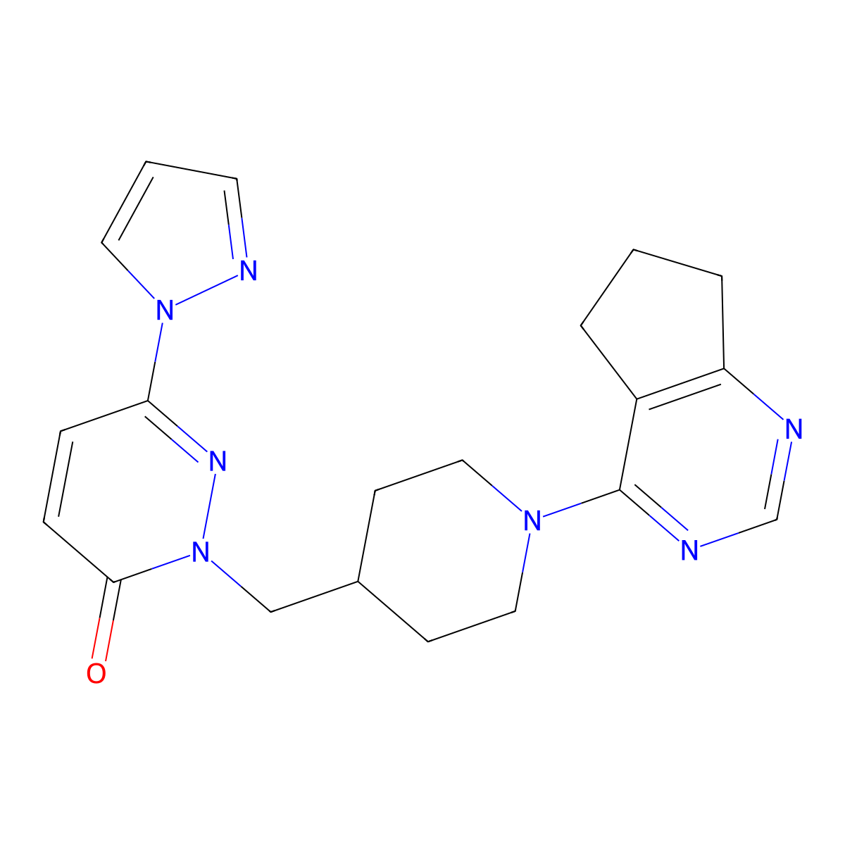 2-[(1-{5H,6H,7H-cyclopenta[d]pyrimidin-4-yl}piperidin-4-yl)methyl]-6-(1H-pyrazol-1-yl)-2,3-dihydropyridazin-3-one molecular structure, CAS 2097928-64-6