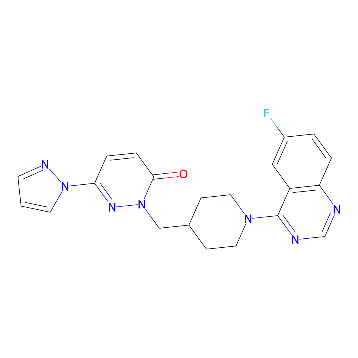 2-{[1-(6-fluoroquinazolin-4-yl)piperidin-4-yl]methyl}-6-(1H-pyrazol-1-yl)-2,3-dihydropyridazin-3-one molecular structure, CAS 2097928-80-6