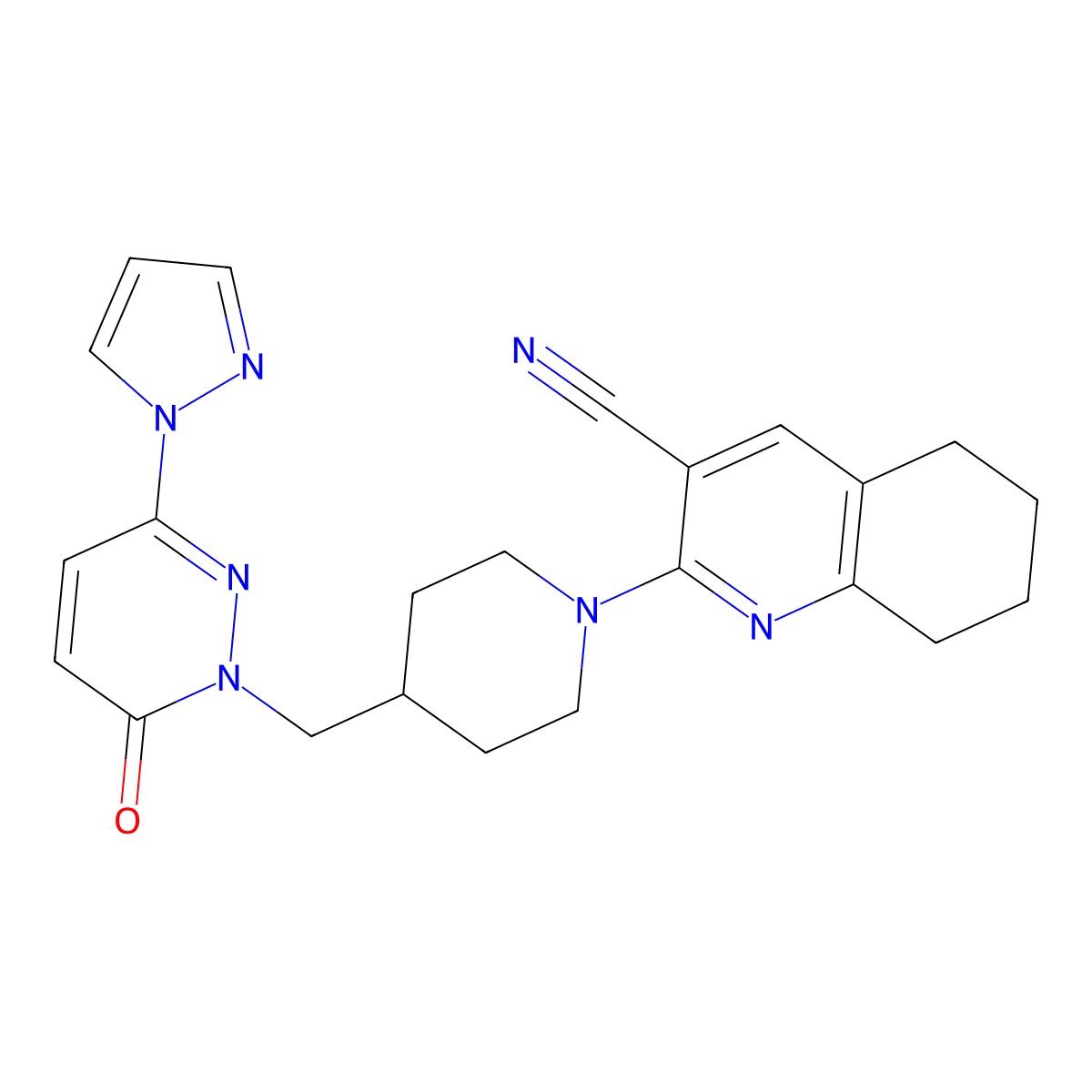 2-(4-{[6-oxo-3-(1H-pyrazol-1-yl)-1,6-dihydropyridazin-1-yl]methyl}piperidin-1-yl)-5,6,7,8-tetrahydroquinoline-3-carbonitrile molecular structure, CAS 2097928-99-7