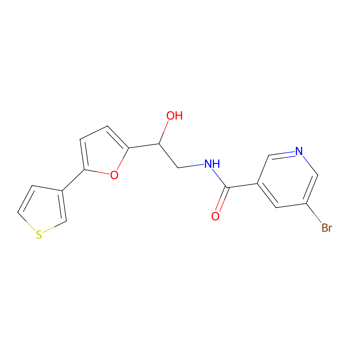 5-bromo-N-{2-hydroxy-2-[5-(thiophen-3-yl)furan-2-yl]ethyl}pyridine-3-carboxamide molecular structure, CAS 2097929-15-0