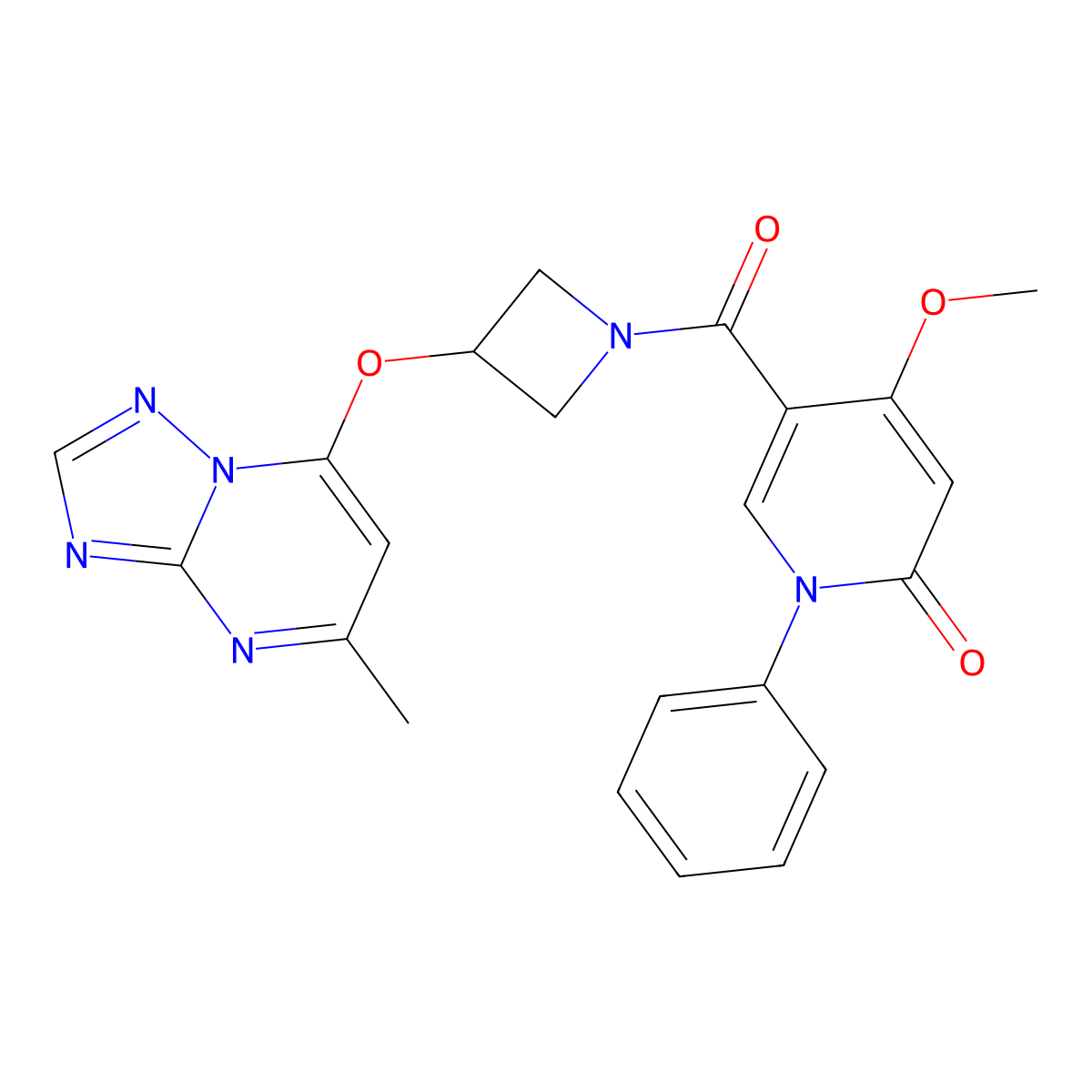 4-Methoxy-5-[3-({5-methyl-[1,2,4]triazolo[1,5-a]pyrimidin-7-yl}oxy)azetidine-1-carbonyl]-1-phenyl-1,2-dihydropyridin-2-one molecular structure, CAS 2097929-34-3