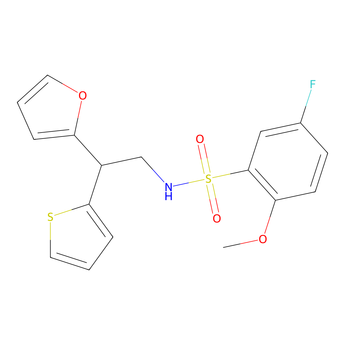 5-fluoro-N-[2-(furan-2-yl)-2-(thiophen-2-yl)ethyl]-2-methoxybenzene-1-sulfonamide molecular structure, CAS 2097929-49-0