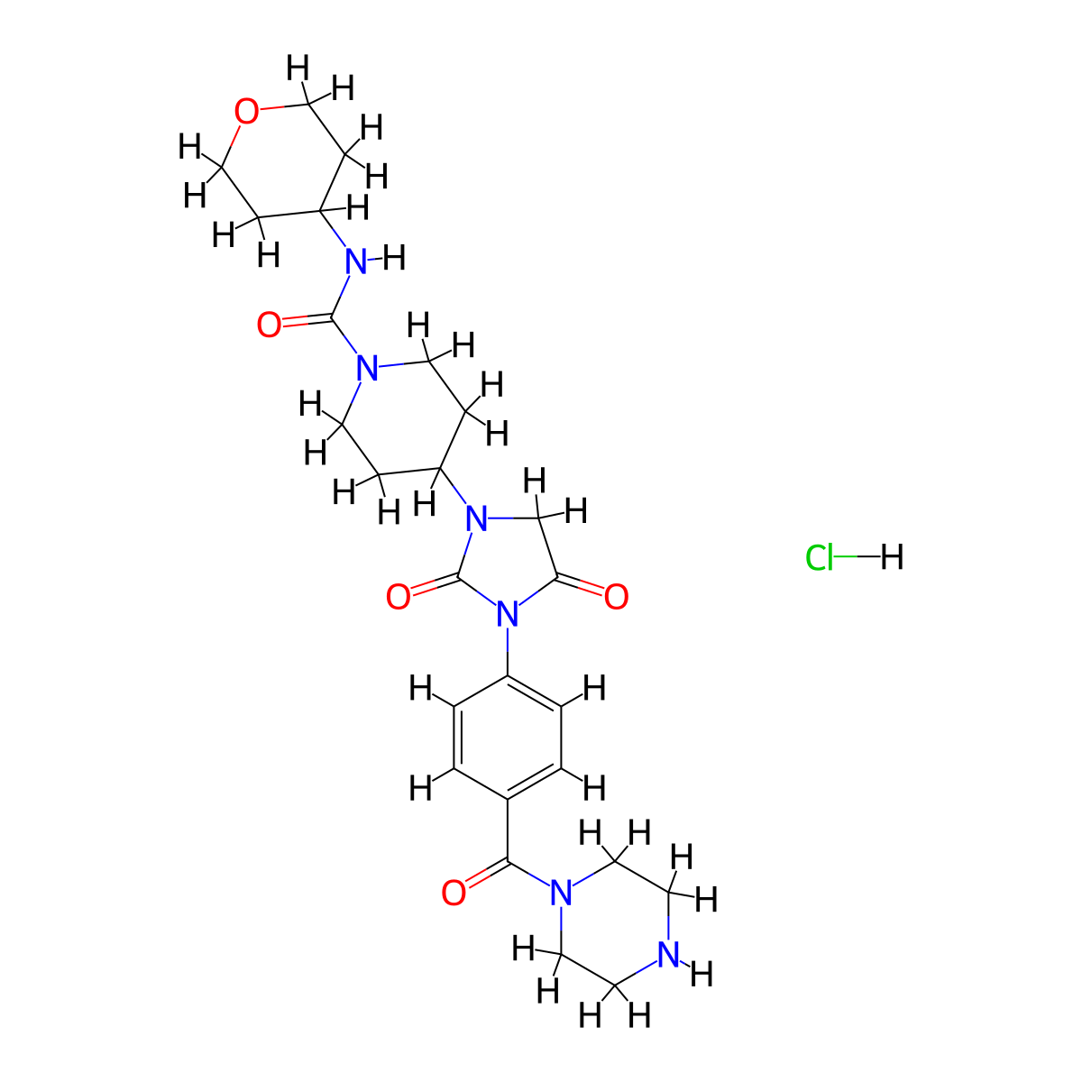4-{2,4-dioxo-3-[4-(piperazine-1-carbonyl)phenyl]imidazolidin-1-yl}-N-(oxan-4-yl)piperidine-1-carboxamide hydrochloride molecular structure, CAS 2097929-55-8