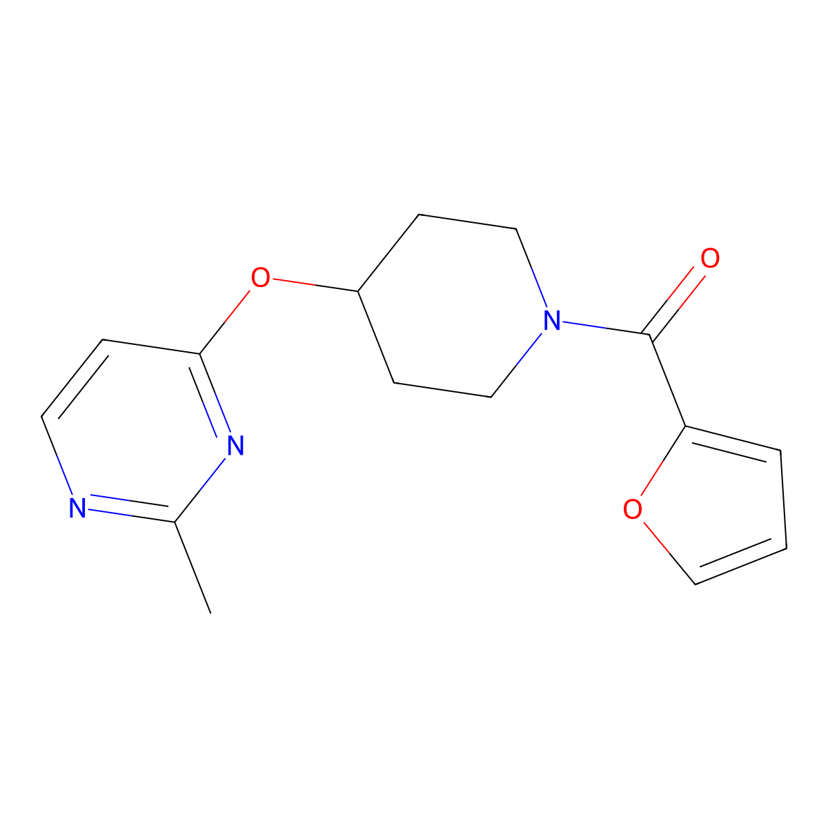 Furan-2-yl(4-((2-methylpyrimidin-4-yl)oxy)piperidin-1-yl)methanone molecular structure, CAS 2097929-87-6