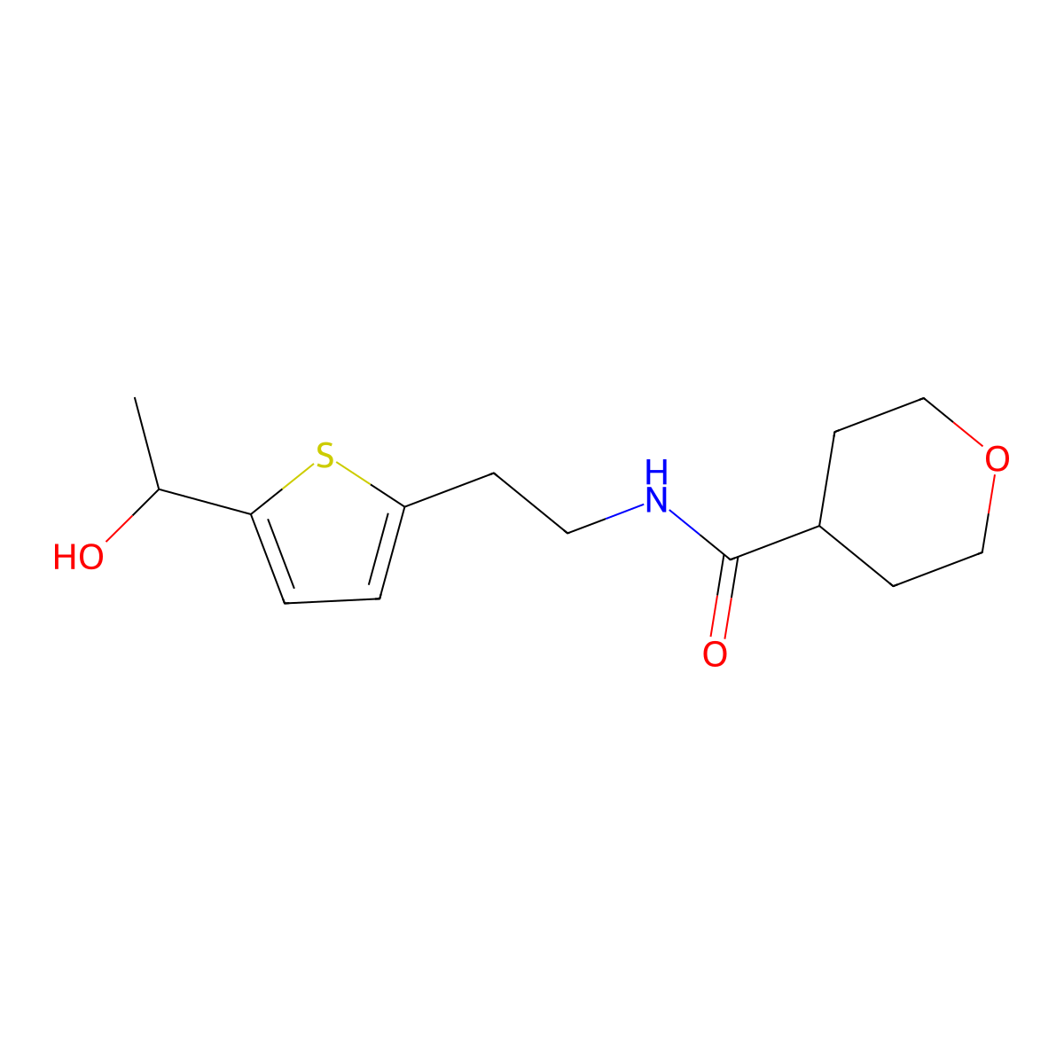 N-{2-[5-(1-hydroxyethyl)thiophen-2-yl]ethyl}oxane-4-carboxamide molecular structure, CAS 2097929-93-4