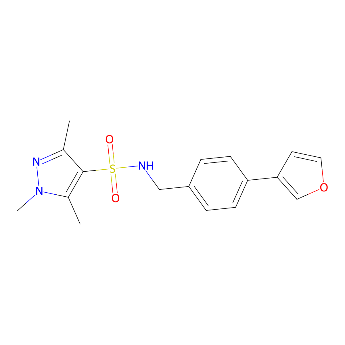 N-{[4-(furan-3-yl)phenyl]methyl}-1,3,5-trimethyl-1H-pyrazole-4-sulfonamide molecular structure, CAS 2097930-05-5