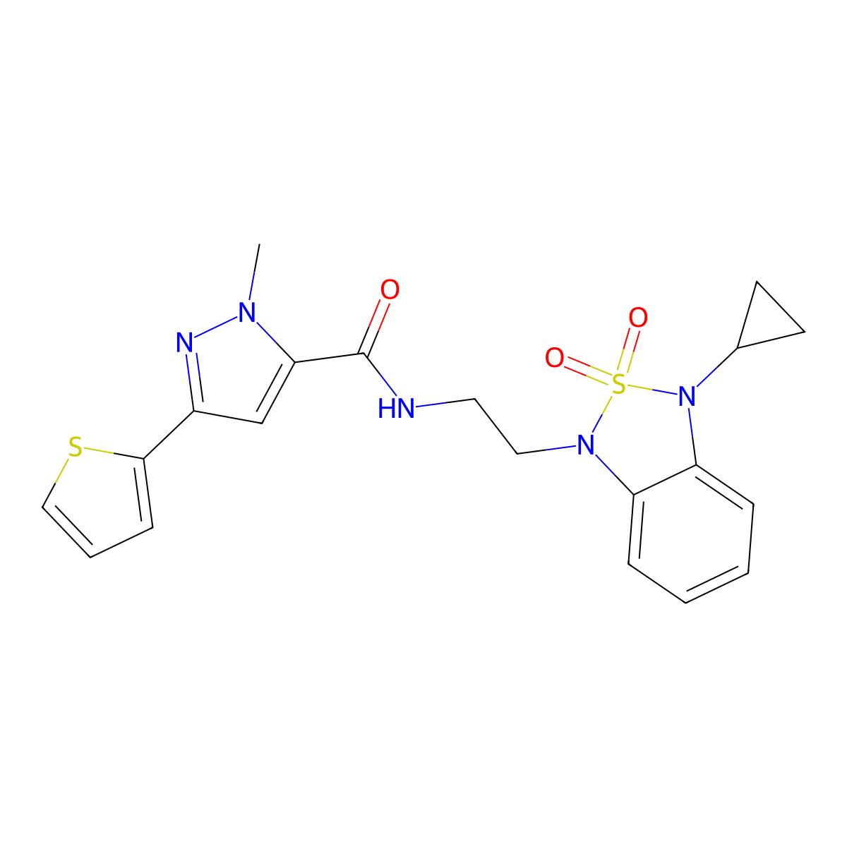 N-[2-(3-cyclopropyl-2,2-dioxo-1,3-dihydro-2lambda6,1,3-benzothiadiazol-1-yl)ethyl]-1-methyl-3-(thiophen-2-yl)-1H-pyrazole-5-carboxamide molecular structure, CAS 2097930-08-8