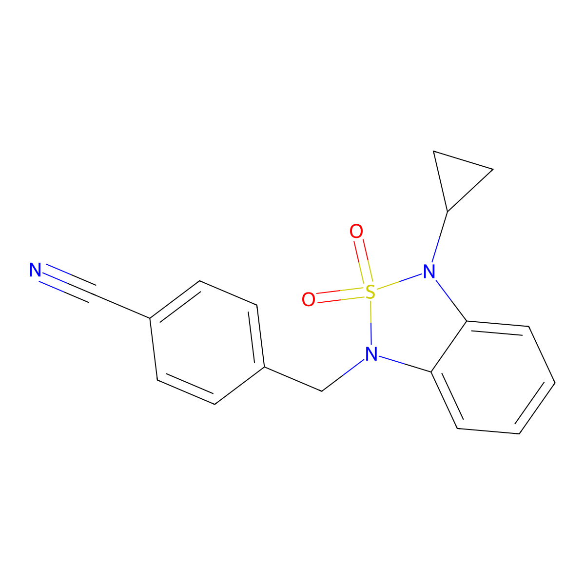 4-[(3-Cyclopropyl-2,2-dioxo-1,3-dihydro-2lambda6,1,3-benzothiadiazol-1-yl)methyl]benzonitrile molecular structure, CAS 2097930-27-1