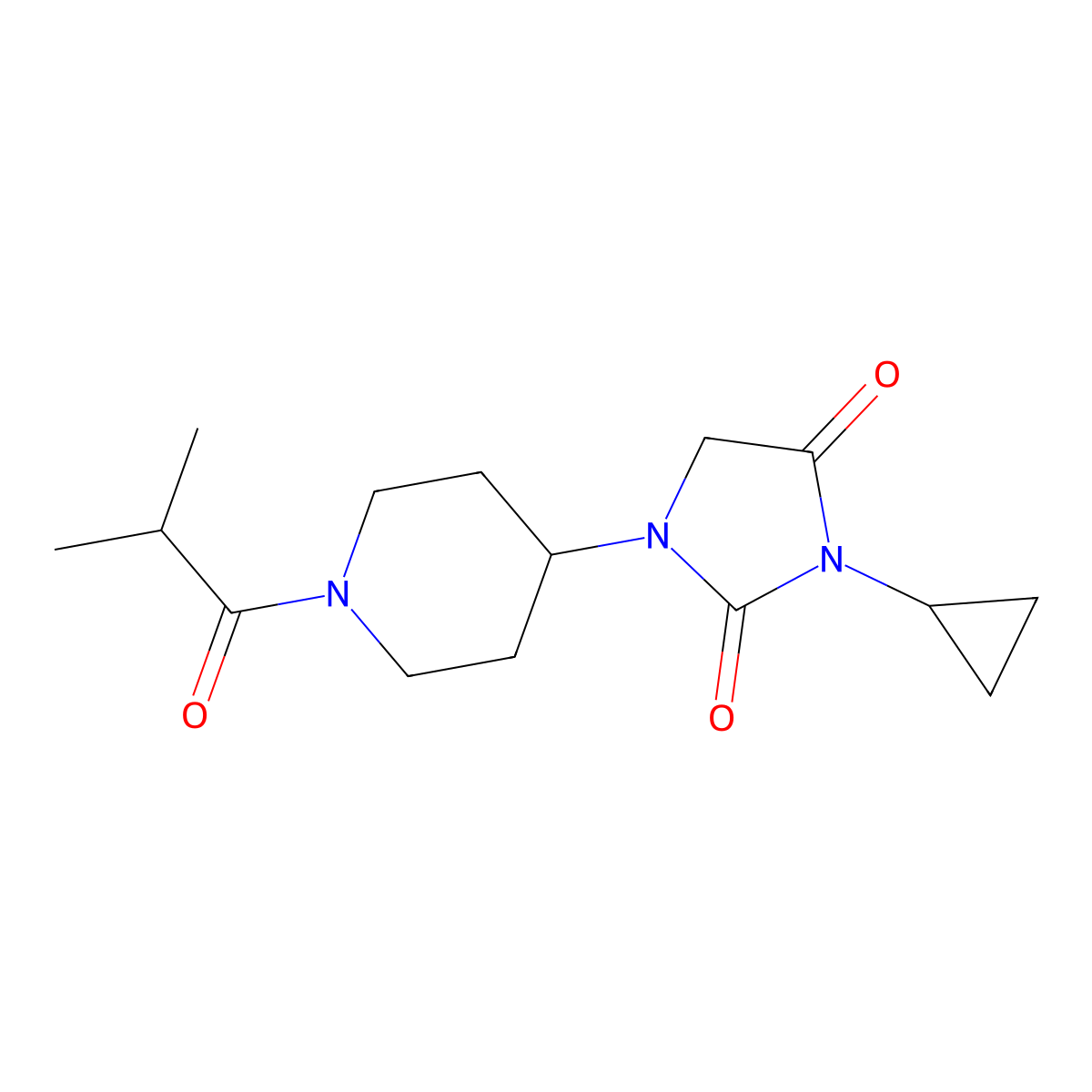 3-Cyclopropyl-1-[1-(2-methylpropanoyl)piperidin-4-yl]imidazolidine-2,4-dione molecular structure, CAS 2097930-32-8