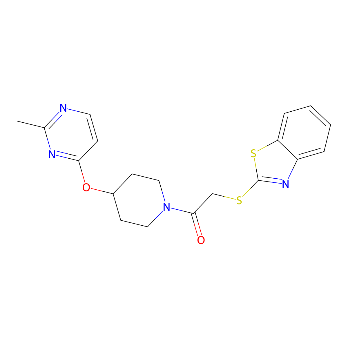 2-(Benzo[d]thiazol-2-ylthio)-1-(4-((2-methylpyrimidin-4-yl)oxy)piperidin-1-yl)ethanone molecular structure, CAS 2097930-49-7