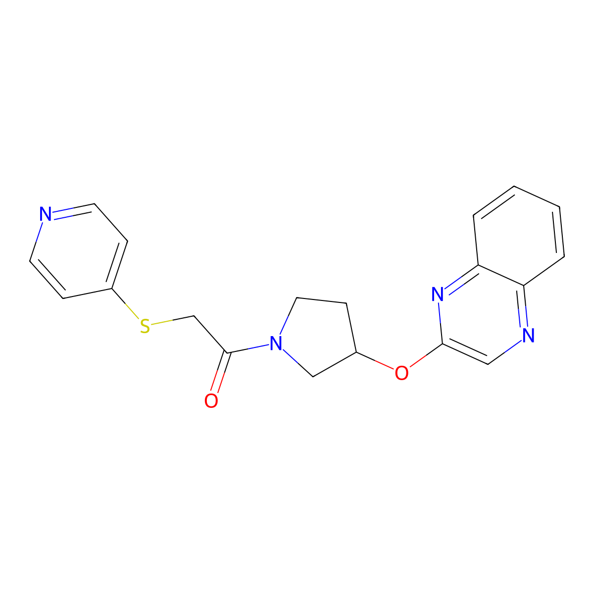 2-(Pyridin-4-ylsulfanyl)-1-[3-(quinoxalin-2-yloxy)pyrrolidin-1-yl]ethan-1-one molecular structure, CAS 2097930-53-3